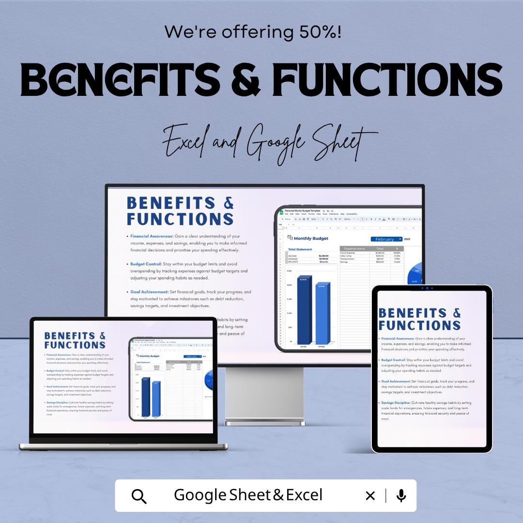 Personal Monthly Budget Template | Budget Planner Spreadsheet | Income & Expense Tracker | Personal Finance Dashboard