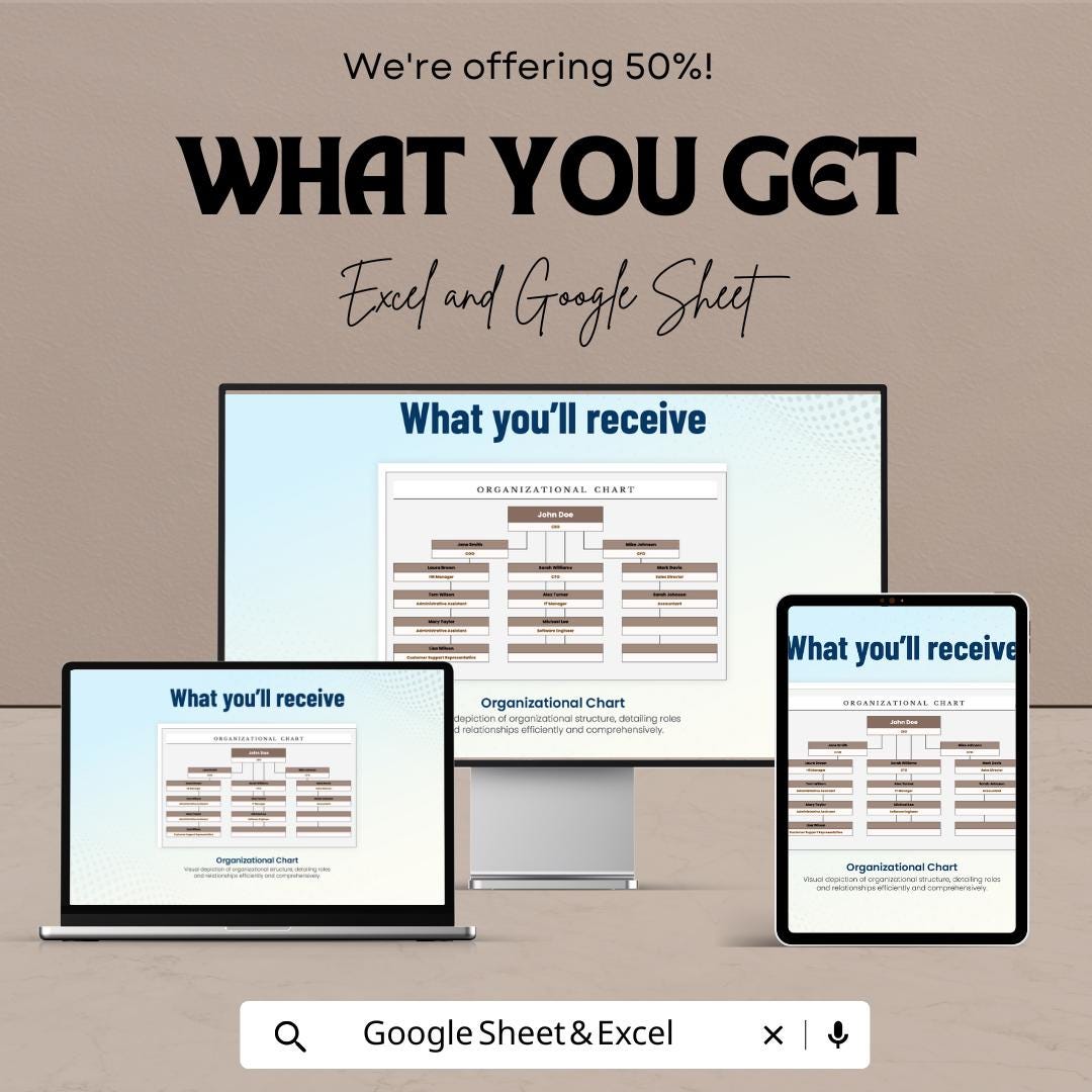 Organizational Chart Template | Editable Google Sheet & Excel Org Chart | Company Structure Hierarchy Diagram | Employee Org Chart