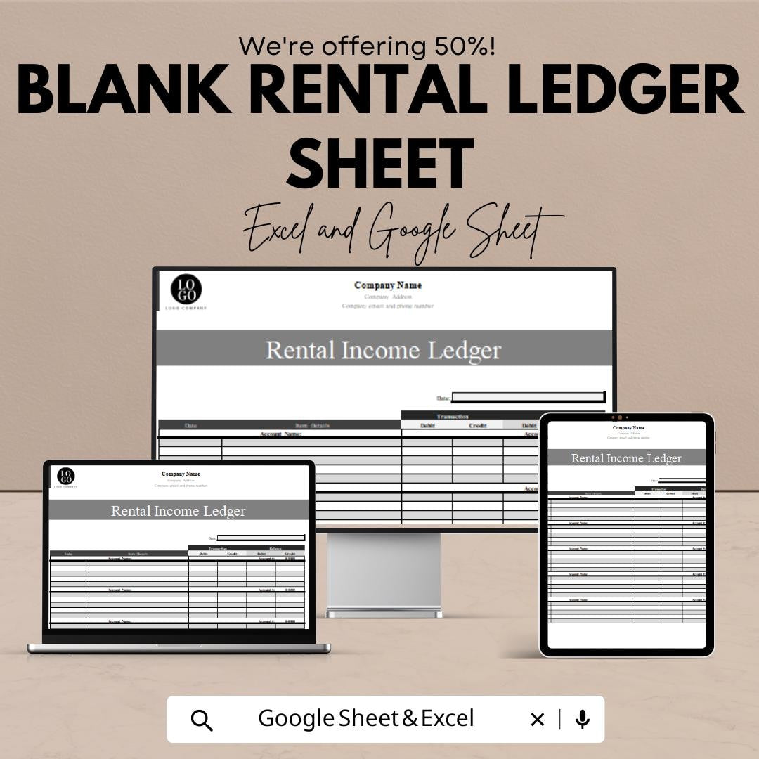 Blank Rental Ledger Sheet | Property Income Tracker | Excel & Google Sheet | Printable Landlord Finance Template | Rental Record Log
