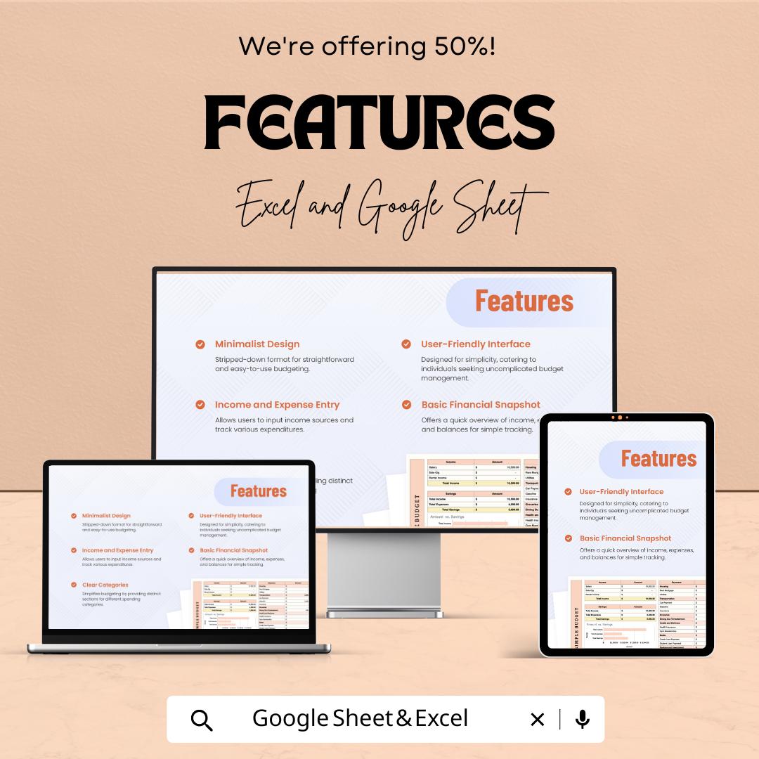 Simple Budget Template | Excel and Google Sheets | Monthly Expense Tracker | Personal Finance Planner | Income & Expense Spreadsheet