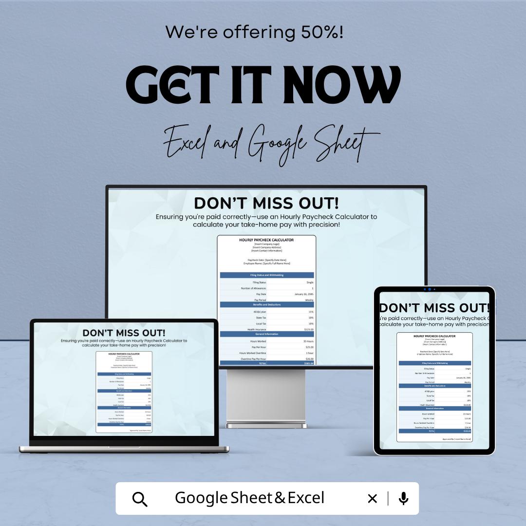 Hourly Paycheck Calculator Template | Payroll Spreadsheet | Salary & Tax Calculator | Payslip Generator | Income Tracker Tool