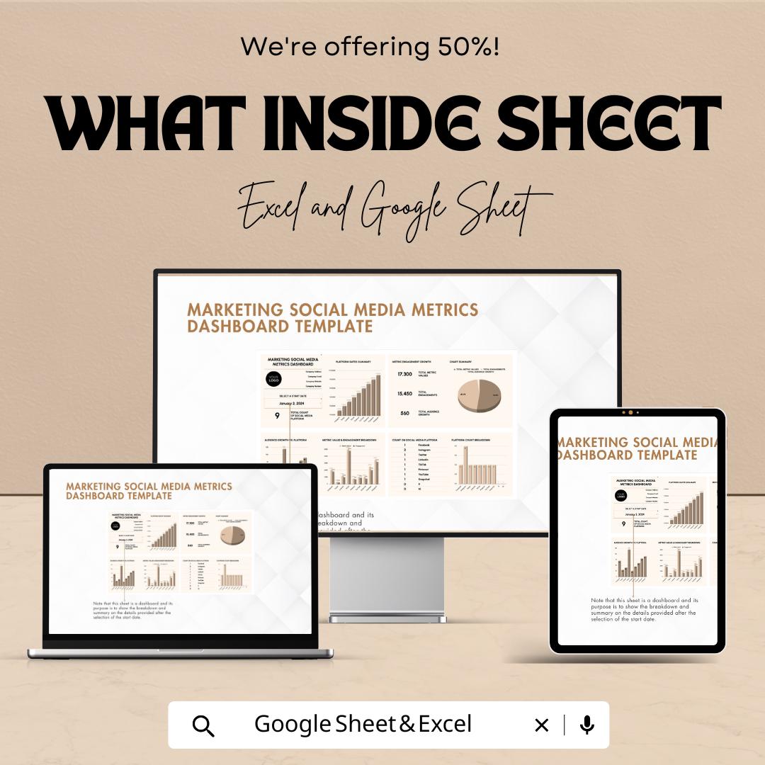 Marketing Social Media Metrics Dashboard Sheet | Excel & Google Sheets Template | Social Media Analytics | Engagement Tracker for Businesses