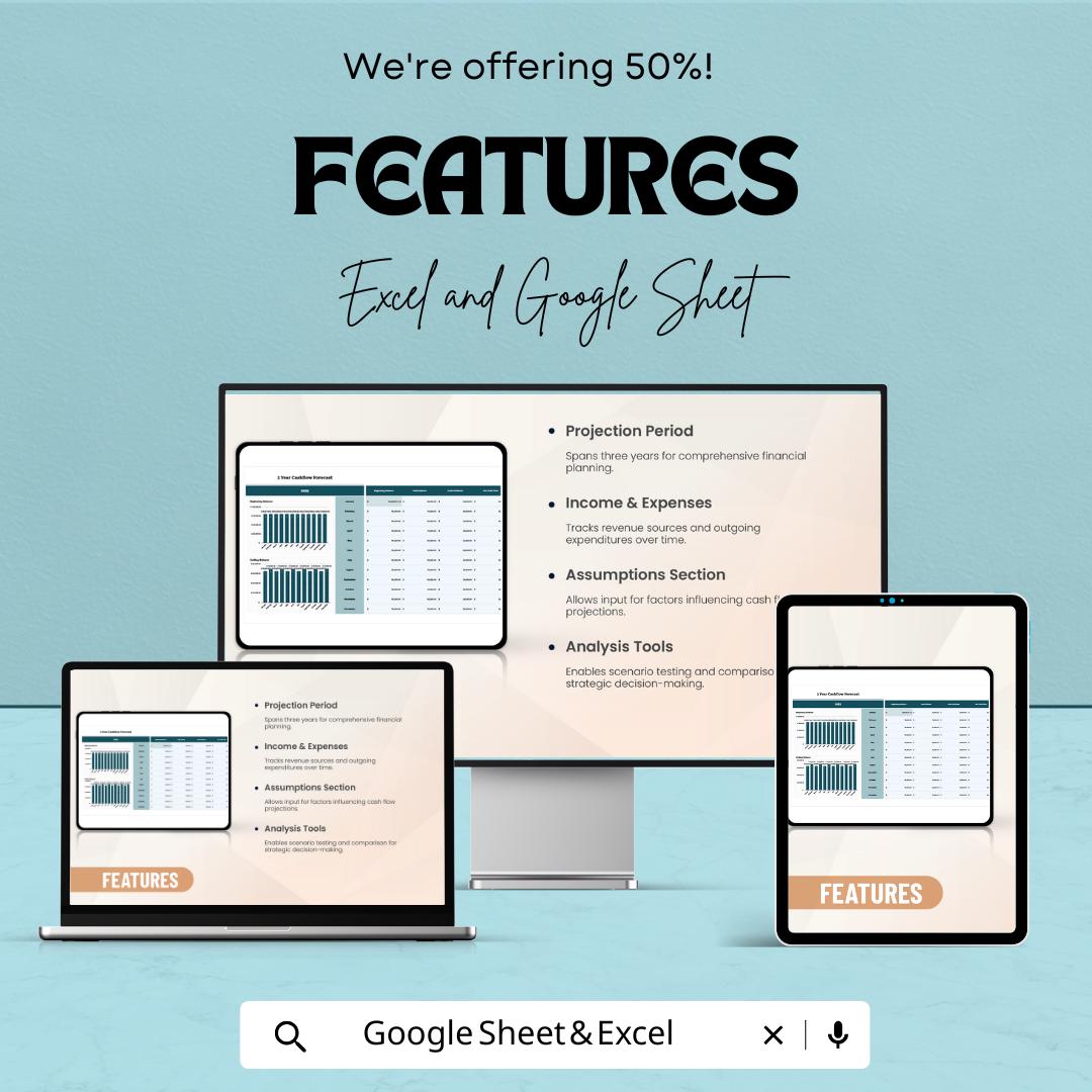3 Year Cashflow Forecast Template | Cash Flow Projection Excel & Google Sheets | Financial Forecasting Template | Business Budget Planner