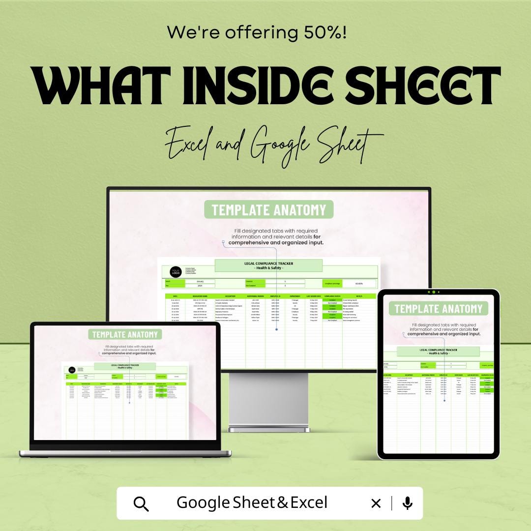 Health & Safety Legal Compliance Tracker Template | Excel and Google Sheets | HSE Compliance Tracker | Safety Regulation Log