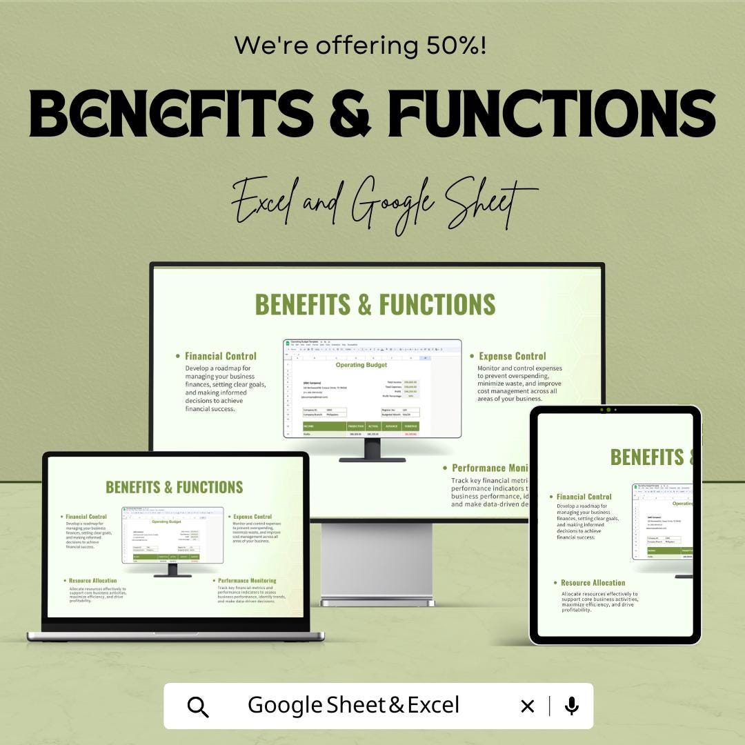 Operating Budget Template | Business Operating Budget Spreadsheet | Excel and Google Sheets Budget Planner | Expense & Income Tracker