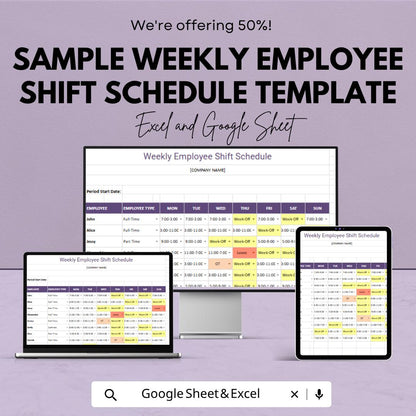 Sample Weekly Employee Shift Schedule Template | Staff Work Schedule Planner | Employee Roster Spreadsheet | Weekly Shift Planner