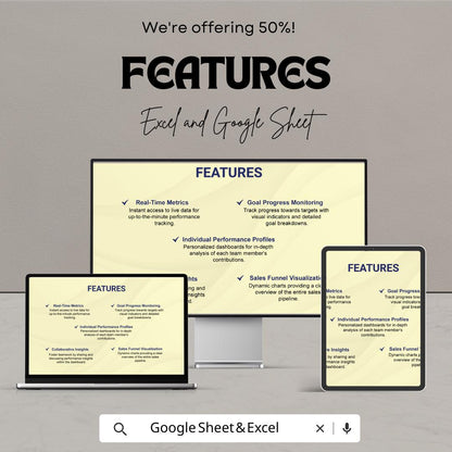 Sales Team Performance Dashboard - Excel & Google Sheet Template for Tracking Sales Metrics, Team Performance and Goals