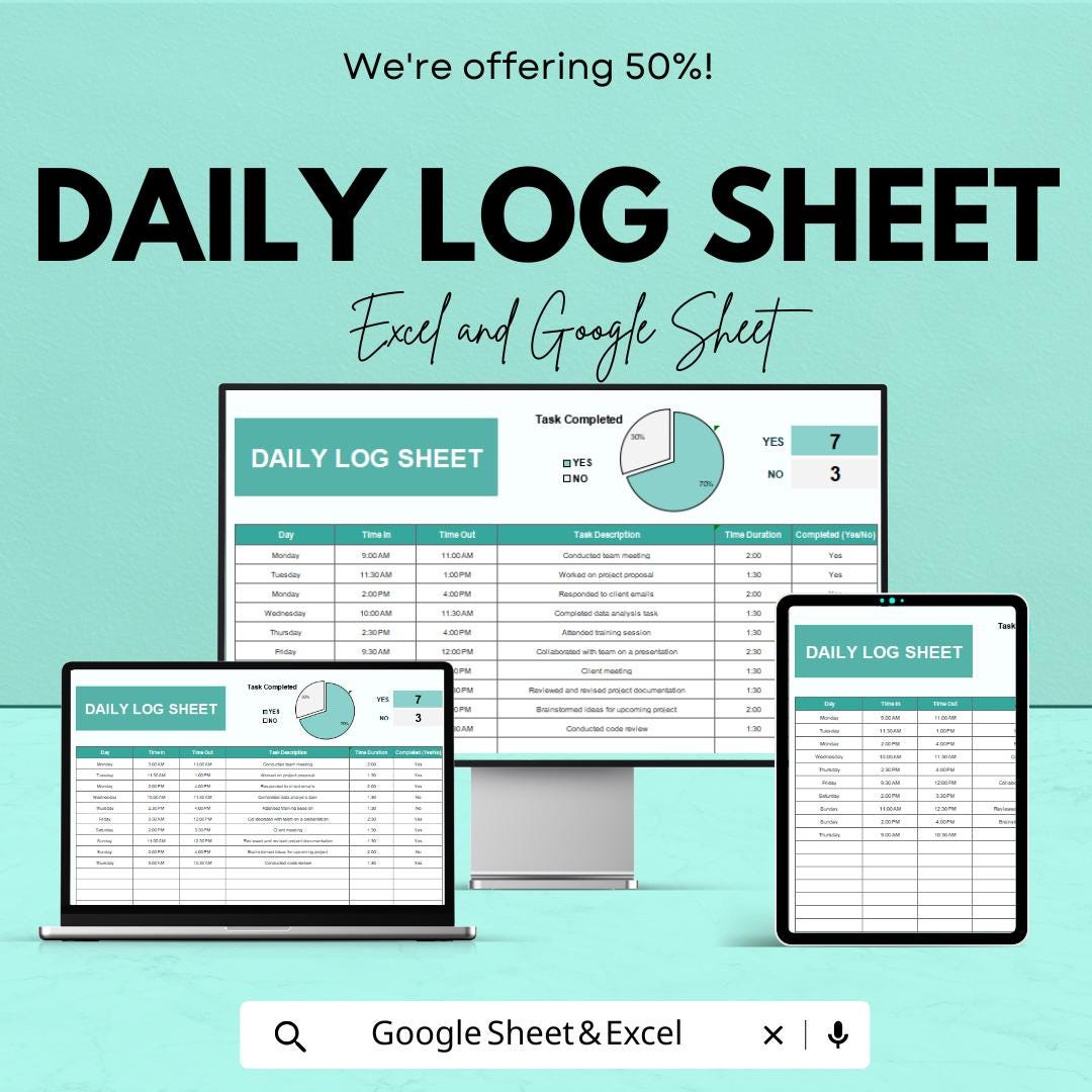 Daily Log Sheet | Google Sheets & Excel Tracker | Task Time Log, Productivity Journal, Work Schedule Sheet, Editable Template