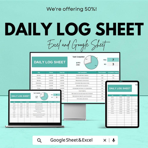 Daily Log Sheet | Google Sheets & Excel Tracker | Task Time Log, Productivity Journal, Work Schedule Sheet, Editable Template
