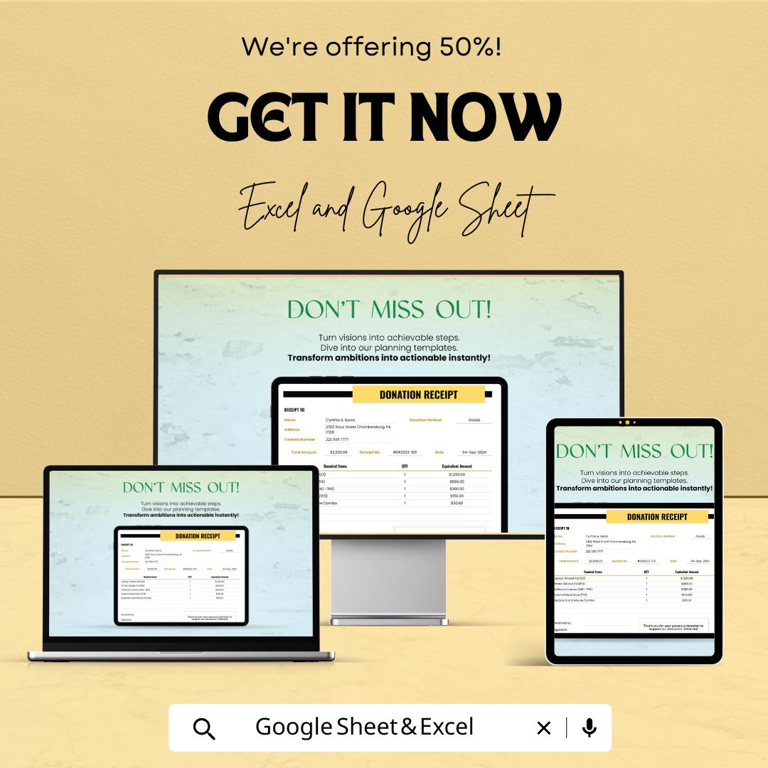 Donation Receipt Template Sheet | Excel & Google Sheet | Tax-Deductible Donation Tracker | Customizable Donation Receipt