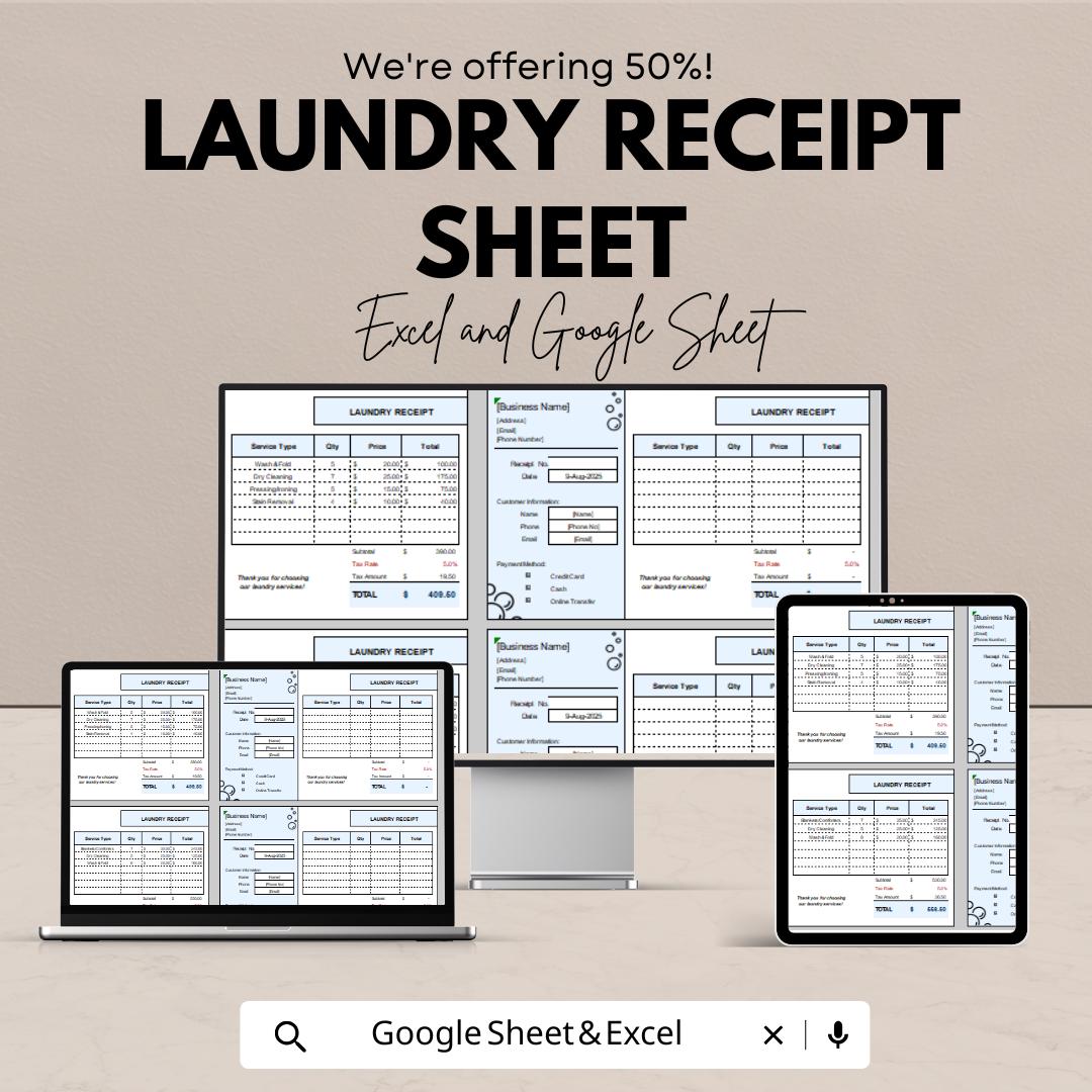 Laundry Receipt Sheet – Excel & Google Sheet Template | Customizable Receipt for Laundry Services | 50% Off