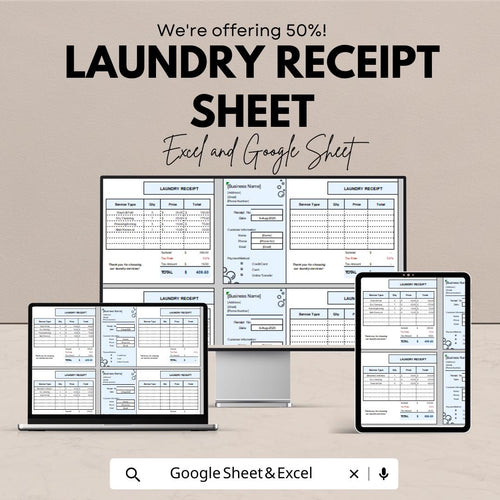 Laundry Receipt Sheet – Excel & Google Sheet Template | Customizable Receipt for Laundry Services | 50% Off