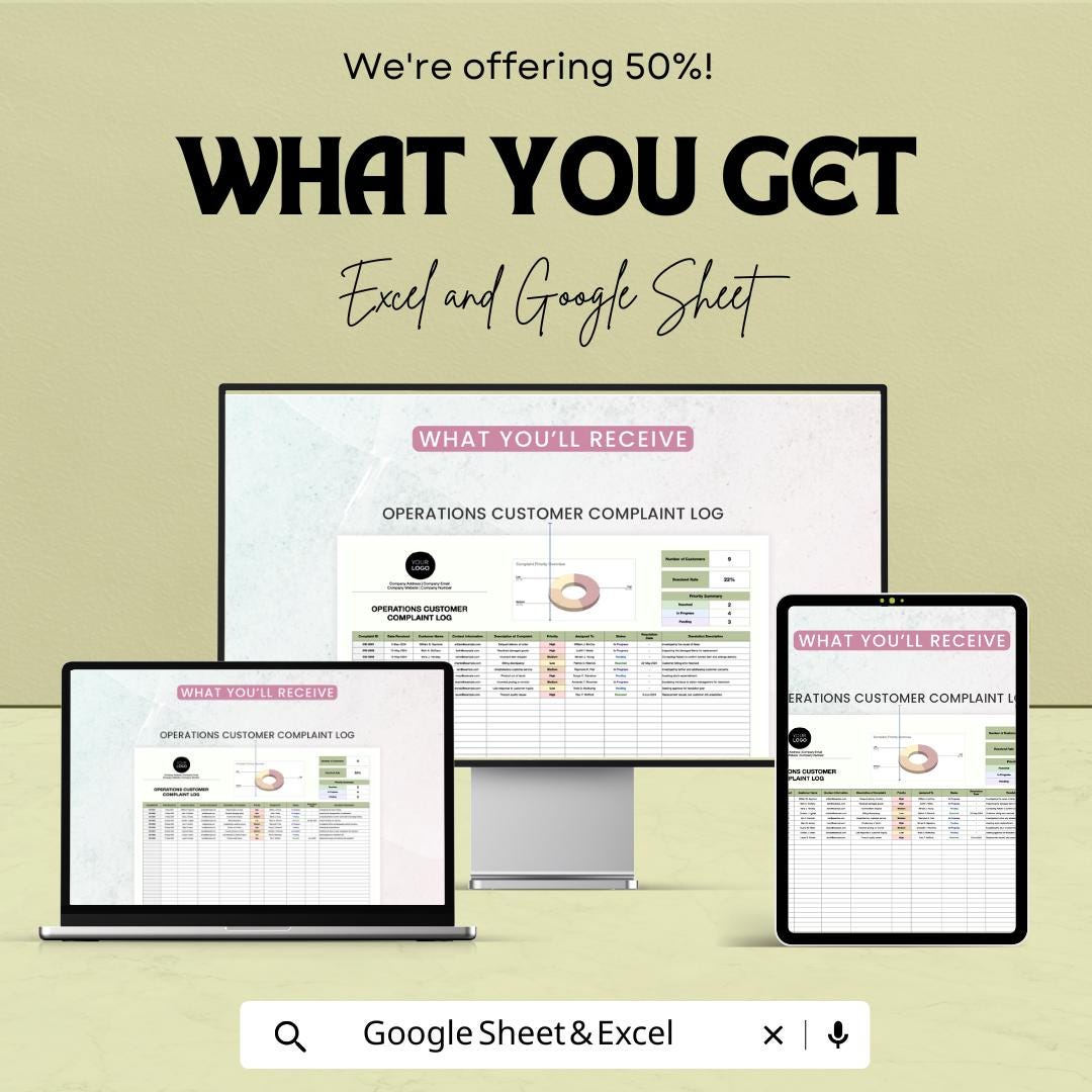 Customer Complaint Log Sheet | Google Sheets & Excel | Operations Tracker | Complaint Management Template | Business Issue Log