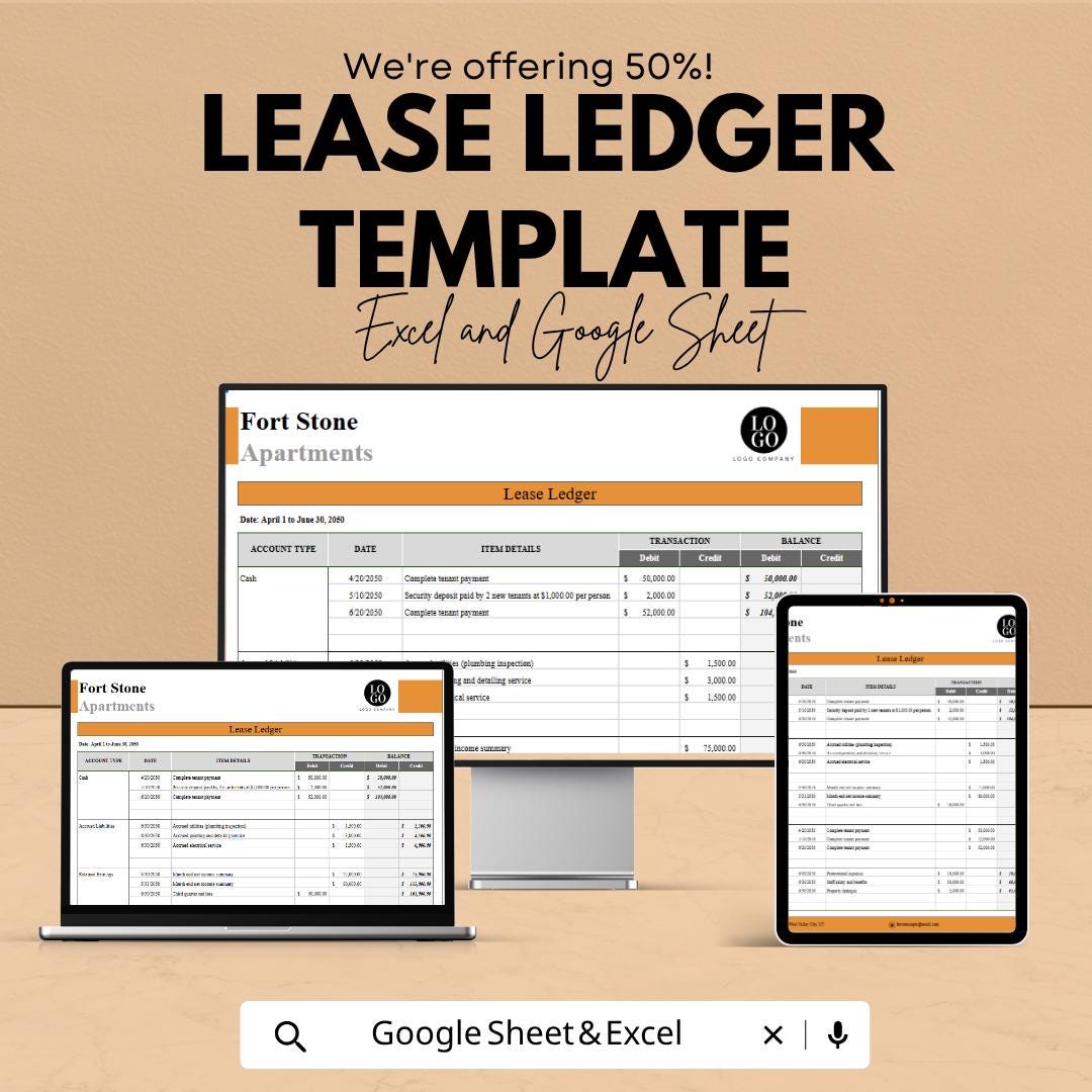 Lease Ledger Template Excel Google Sheets | Rent Payment Tracker | Lease Management Spreadsheet | Rental Ledger Template | Property Manageme