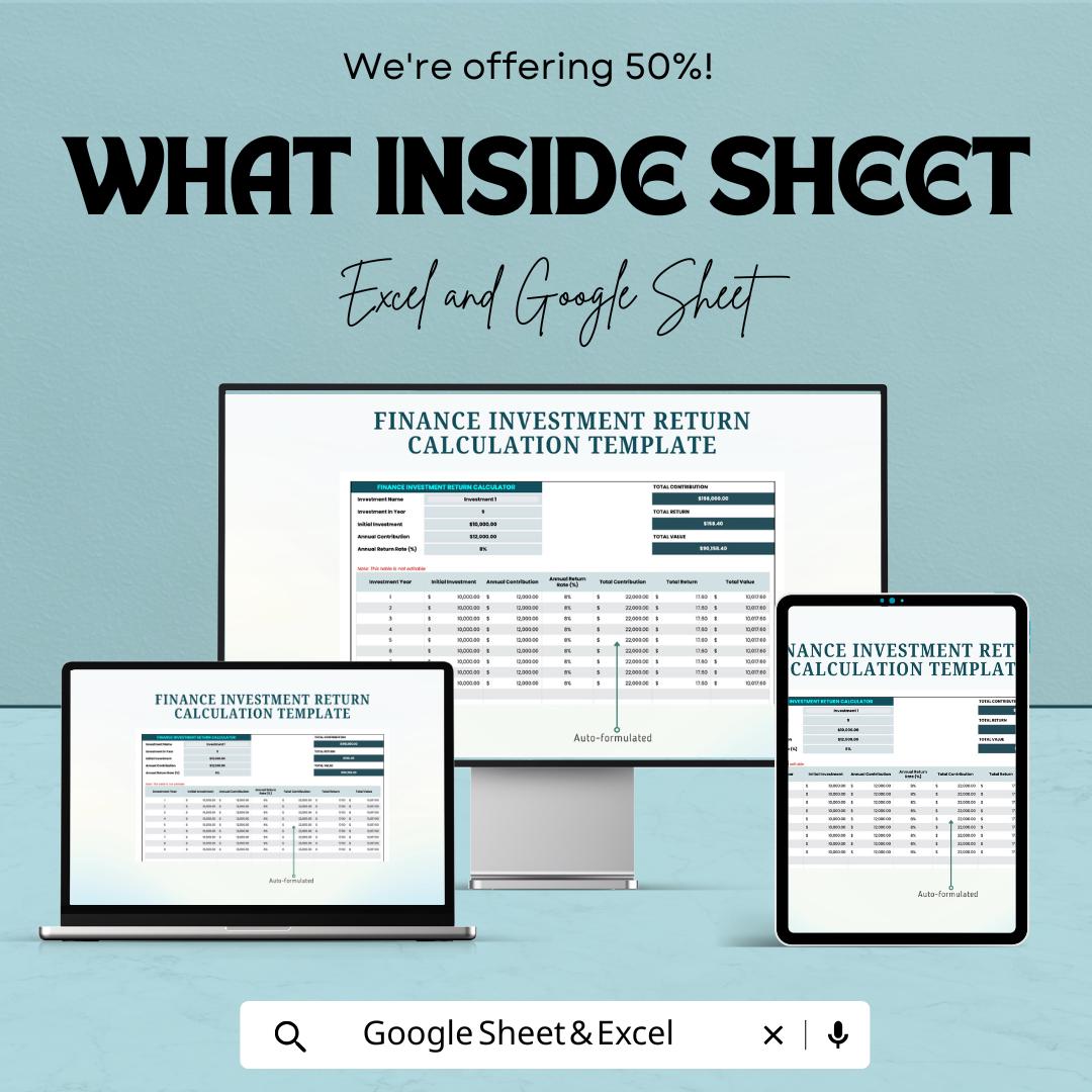 Finance Investment Return Calculation Template | Investment ROI Calculator, Annual Return Tracker, Portfolio Performance Sheet