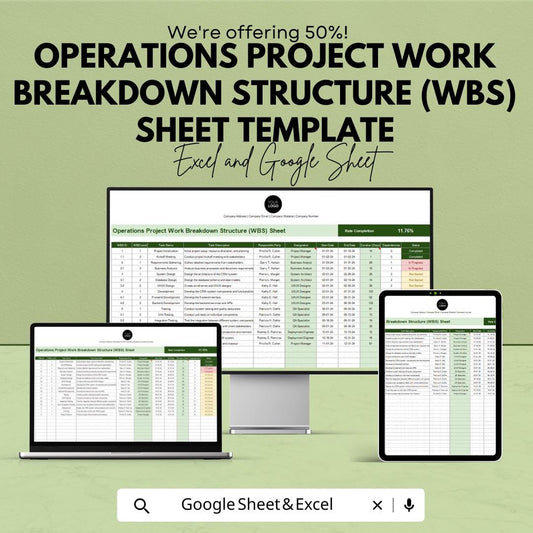 Operations Project Work Breakdown Structure (WBS) Sheet Template | Project Planner | Project Management Tracker | Work Task Organizer