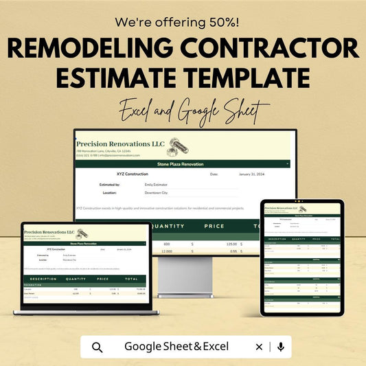 Remodeling Estimate Template | Contractor Estimate Sheet | Construction Bid Template | Renovation Cost Estimator | Excel Google Sheets