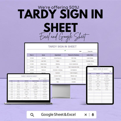 Tardy Sign In Sheet – Excel & Google Sheet Template for Tracking Employee or Student Tardiness | Customizable Attendance Tracker