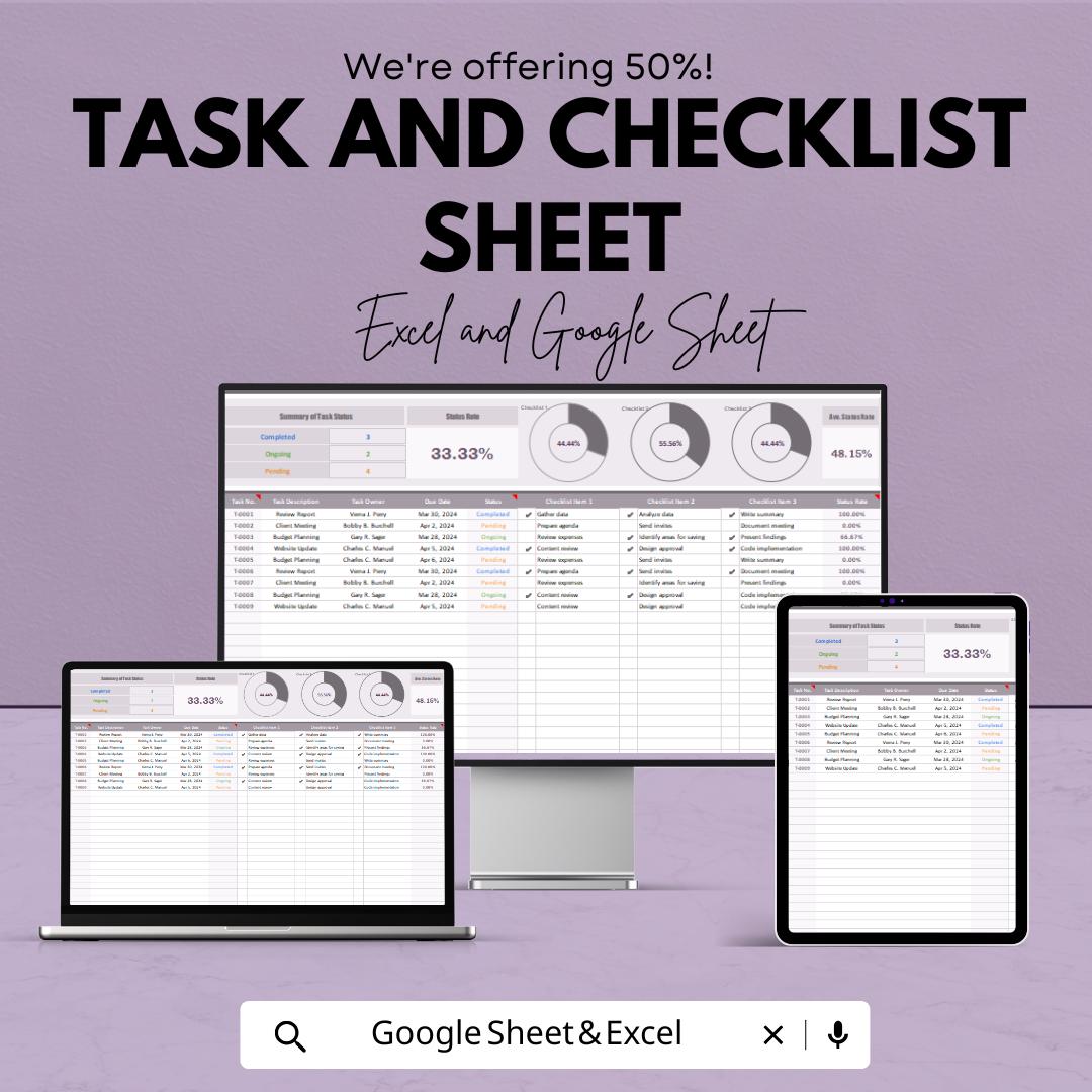 Task and Checklist Sheet - Organize Your Work Efficiently - Google Sheet Template - Task Tracker with Progress Monitor - Task Management
