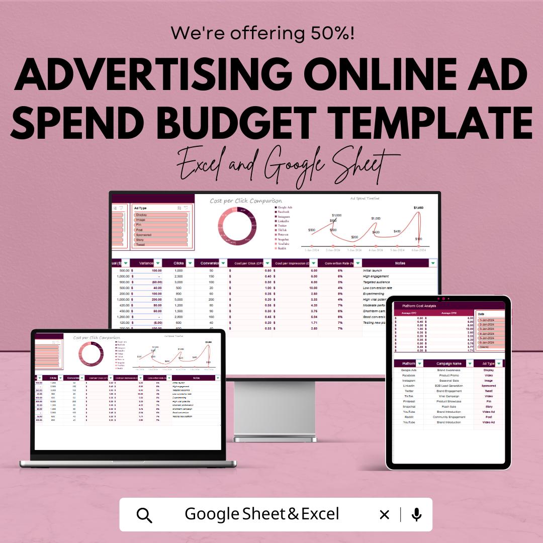 Advertising Online Ad Spend Budget Template, Ad Budget Spreadsheet, Online Advertising Cost Tracker, Marketing Budget Planner