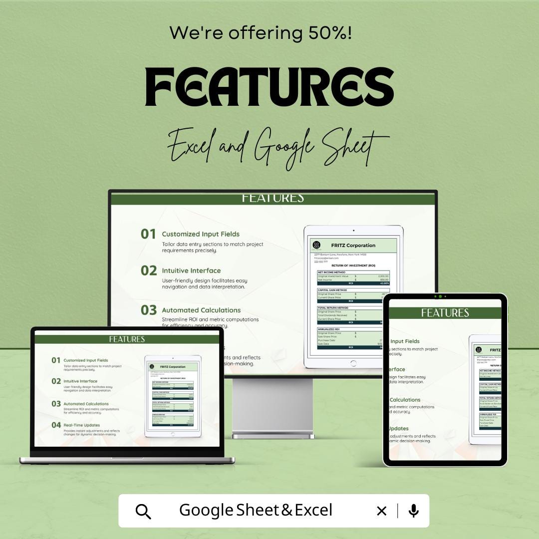 ROI Template | Return on Investment Calculator | Financial Analysis | Business ROI Spreadsheet | Investment Tracking Tool