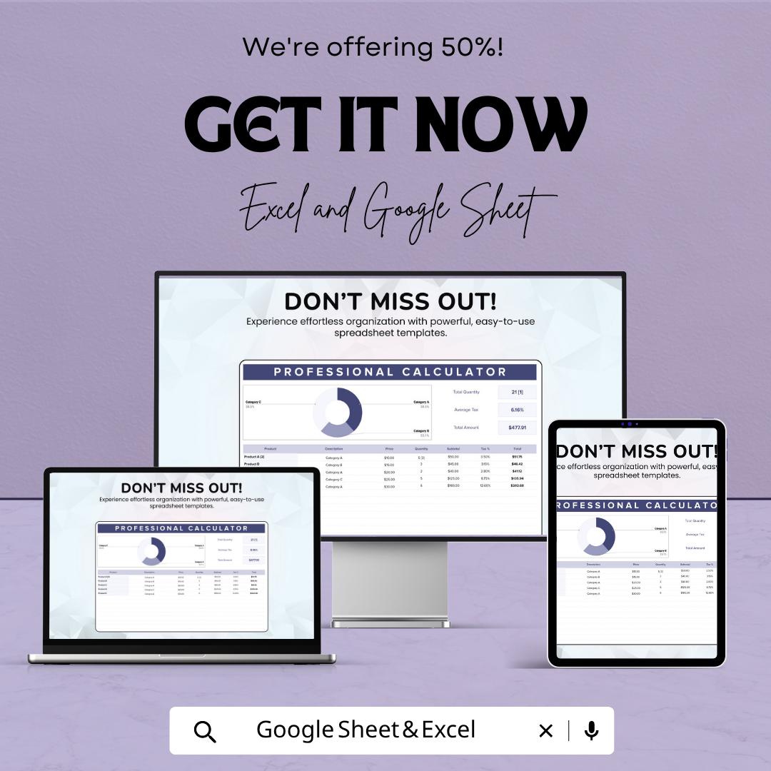 Professional Calculator Template | Business Calculator Spreadsheet | Sales Tracker with Charts | Expense & Tax Calculator