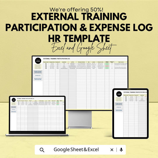 External Training Participation & Expense Log HR Template | Excel and Google Sheets | Employee Training Tracker | HR Expense Log Spreadsheet