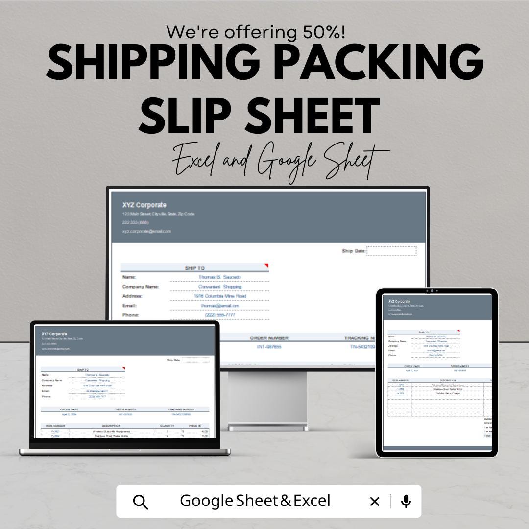 Shipping Packing Slip Sheet | Excel & Google Sheets Template | Shipping Label Template | Order Fulfillment Tracker | Packing List Generator