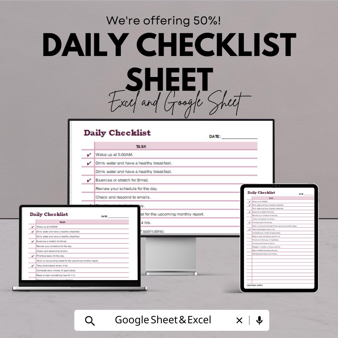 Daily Checklist Template - Excel & Google Sheet - Task Organizer, To-Do List, Goal Tracker
