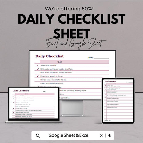 Daily Checklist Template - Excel & Google Sheet - Task Organizer, To-Do List, Goal Tracker