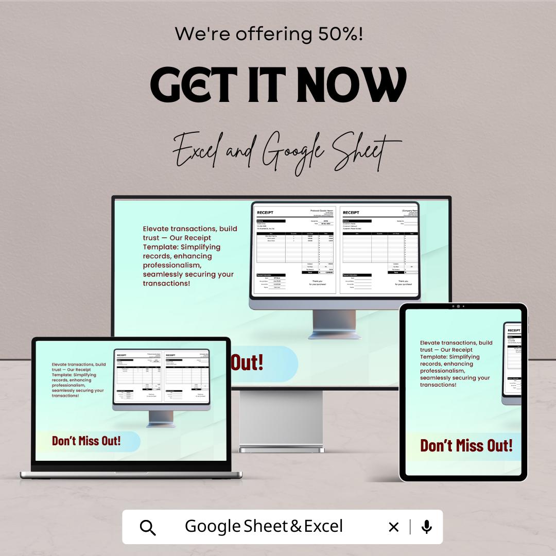 Receipt Template | Google Sheets and Excel | Printable Sales Receipt | Business Transaction Record | Editable Receipt Form