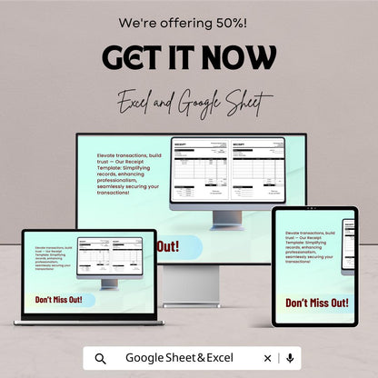 Receipt Template | Google Sheets and Excel | Printable Sales Receipt | Business Transaction Record | Editable Receipt Form
