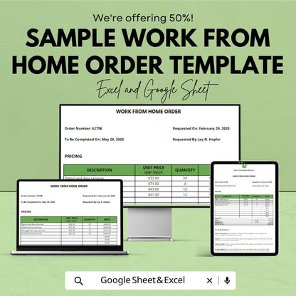 Sample Work From Home Order Template | Excel & Google Sheets | Remote Work Order Form | Business Purchase Sheet | Work Request Template