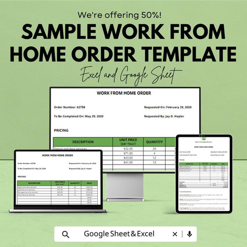 Sample Work From Home Order Template | Excel & Google Sheets | Remote Work Order Form | Business Purchase Sheet | Work Request Template