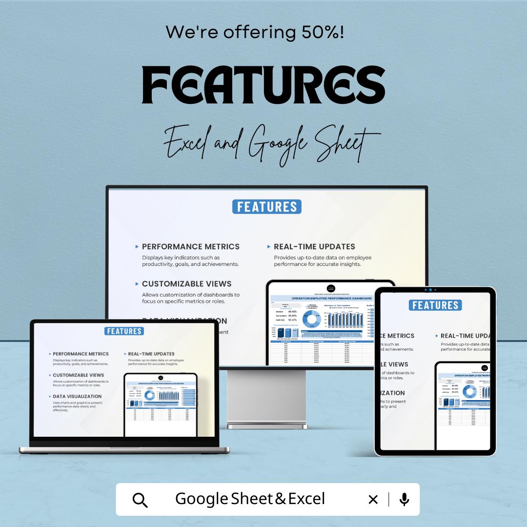 Employee Performance Dashboard Template, Operations KPI Tracker, Staff Performance Report, HR Analytics Dashboard