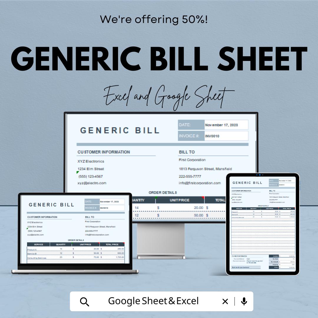 Generic Bill Sheet | Customizable Invoice | Excel and Google Sheet | Business Billing | Editable Bill Generator | Professional Invoice |