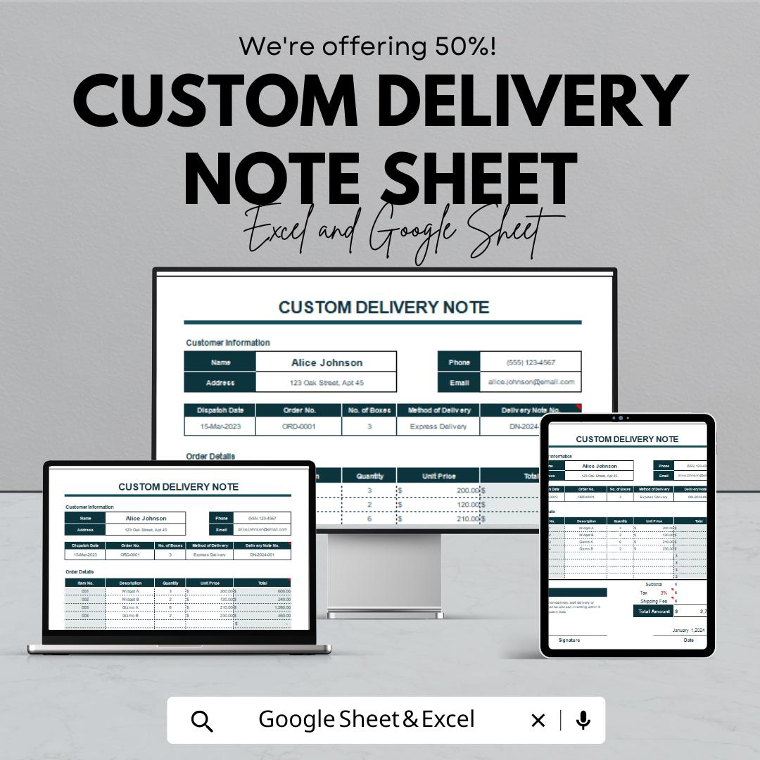 Custom Delivery Note Template for Excel and Google Sheets - Track Deliveries with Ease, Editable & Printable Delivery Sheet for Businesses