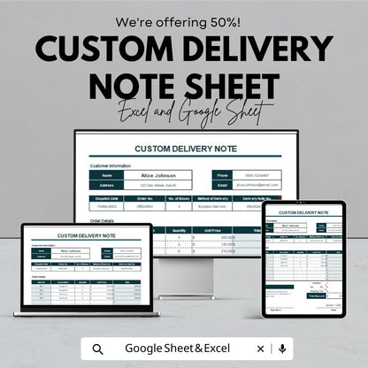 Custom Delivery Note Template for Excel and Google Sheets - Track Deliveries with Ease, Editable & Printable Delivery Sheet for Businesses
