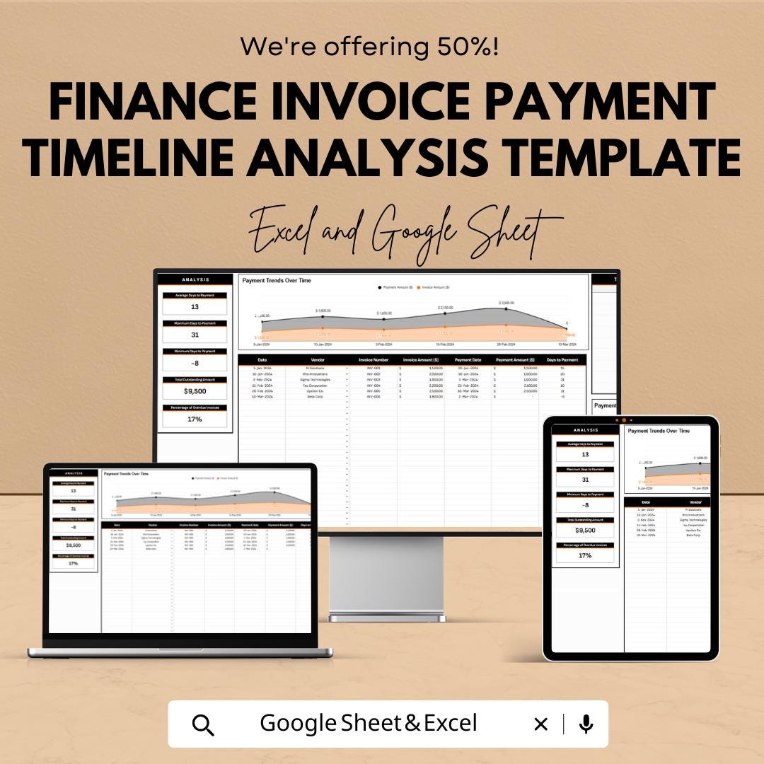 Finance Invoice Payment Timeline Analysis Template,  Accounts Payable Tracker, Cash Flow Analysis, Invoice Tracking Tool