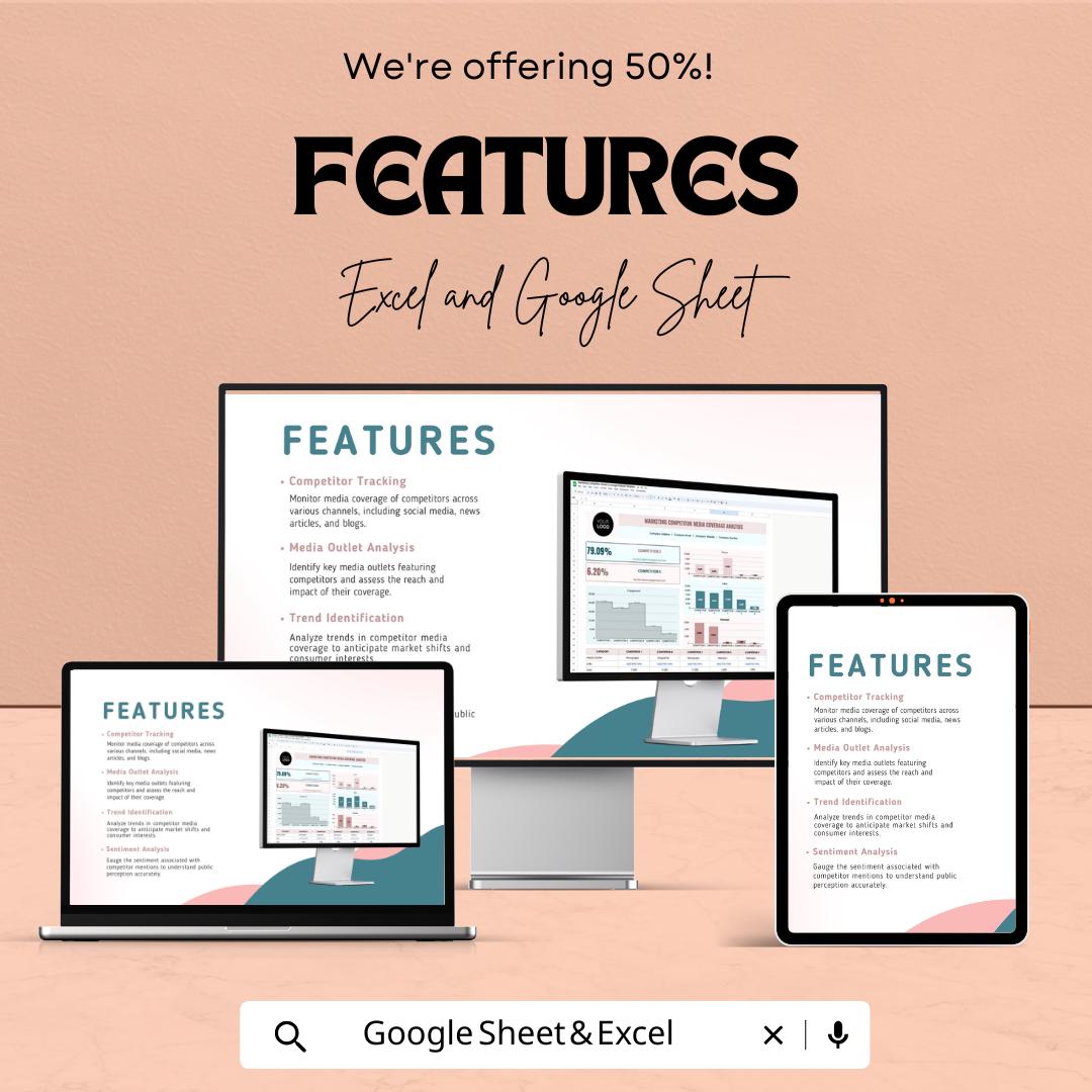 Marketing Competitor Media Coverage Analysis Sheet | Google Sheets  | Media Tracking and Competitor Analysis | ROI and Engagement Metrics