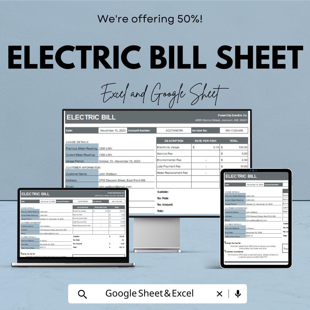 Electric Bill Template - Google Sheets, Utility Bill Tracker, Monthly Bill Organizer, Electricity Bill, Bill Management, Digital Download