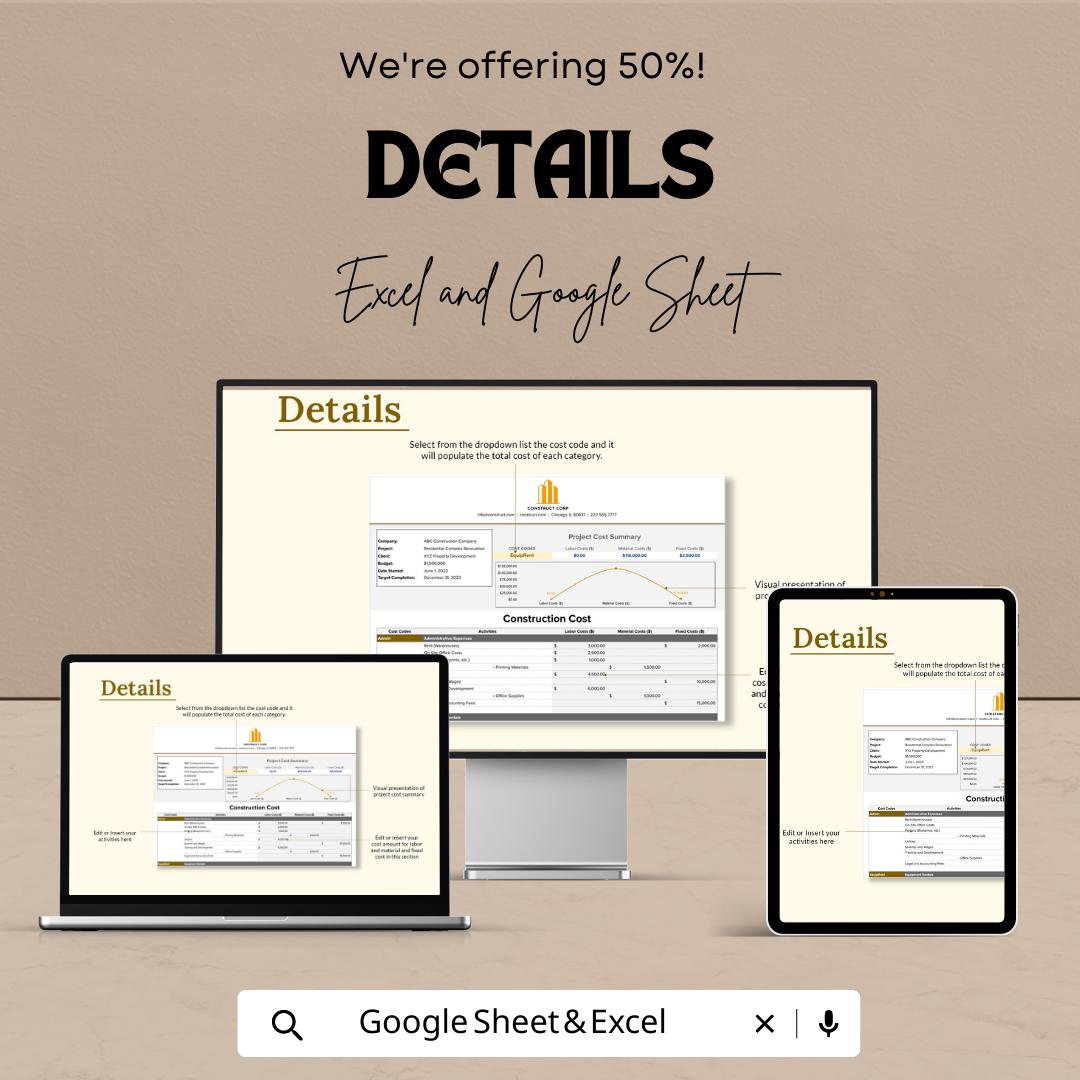 Construction Cost Template | Construction Budget Tracker Excel | Google Sheets Cost Dashboard | Project Cost Estimator Spreadsheet