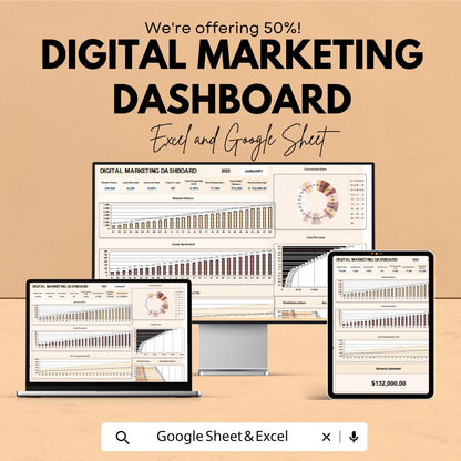 Digital Marketing Dashboard Excel and Google Sheet | Real-Time Analytics, KPI Tracker, Marketing Performance Dashboard