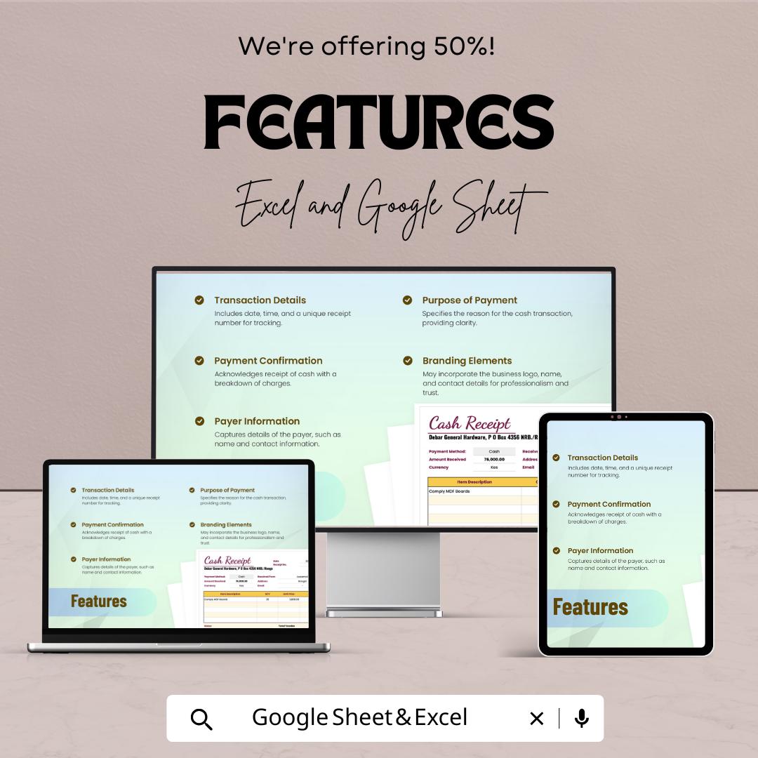 Cash Receipt Template | Excel & Google Sheets | Editable Business Receipt | Payment Record Template | Printable Cash Receipt