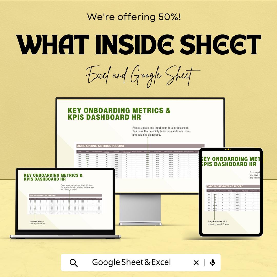 Key Onboarding Metrics & KPIs Dashboard HR Sheet | Excel and Google Sheets Template | Employee Onboarding Tracking Tool