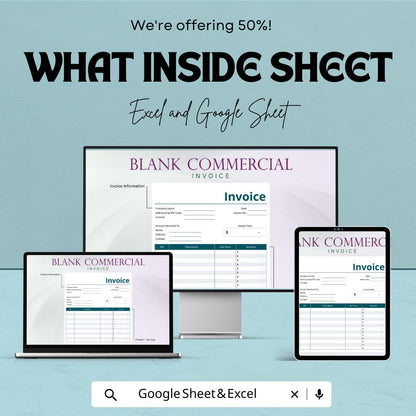Blank Commercial Invoice Template | Google Sheets & Excel | Editable Business Invoice | Printable Invoice Form | Customizable Billing Sheet