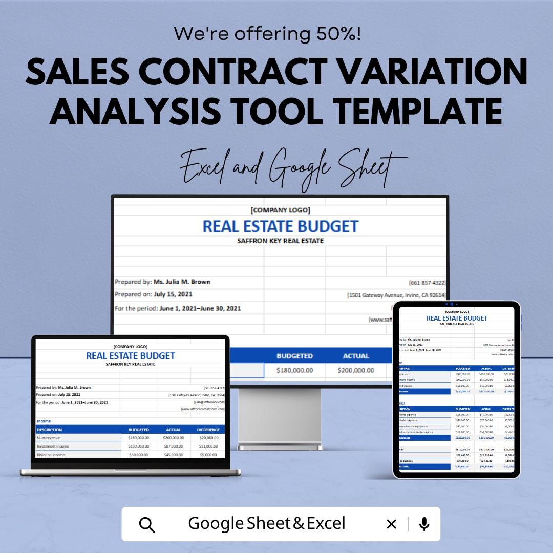 Sales Contract Variation Analysis Tool Template | Real Estate Budget Spreadsheet | Excel & Google Sheets | Financial Planning Template |