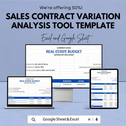 Sales Contract Variation Analysis Tool Template | Real Estate Budget Spreadsheet | Excel & Google Sheets | Financial Planning Template |