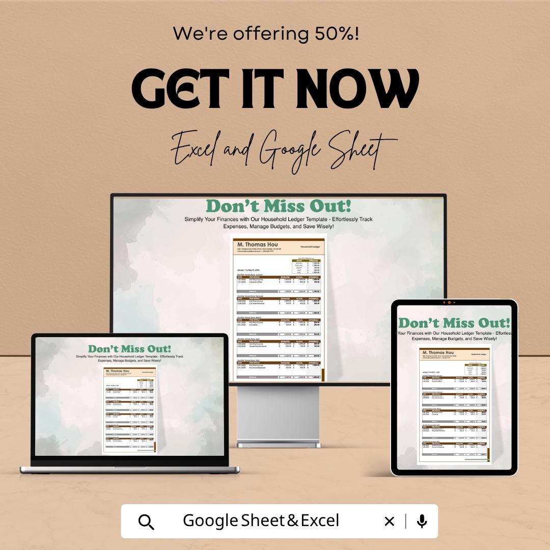 Household Ledger Template Excel Google Sheets | Expense Tracker Spreadsheet | Home Budget Planner | Financial Ledger | Digital Budget