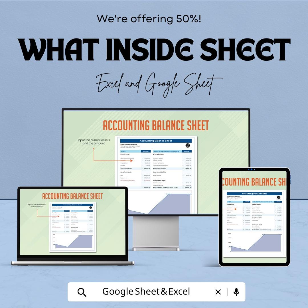 Accounting Balance Sheet Template | Financial Statement Template | Business Accounting Spreadsheet | Assets and Liabilities Report